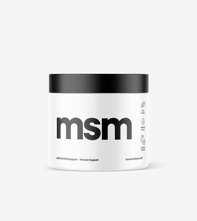 MSM powder container supporting joint health and mobility for pets