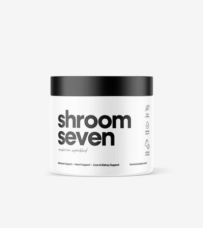 Shroom Seven Mushroom Superblend organic pet supplement with seven health-boosting mushrooms