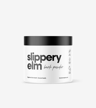 Container of Slippery Elm powder supplement for pet digestive health